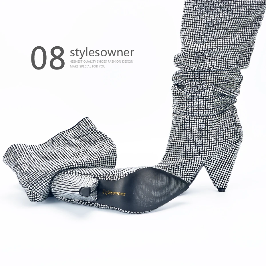 Stylesowner/Новинка года; роскошные женские сапоги до колена с острым носком и кристаллами; пикантные сапоги на не сужающемся книзу массивном каблуке; женские рыцарские сапоги; настоящая фотография