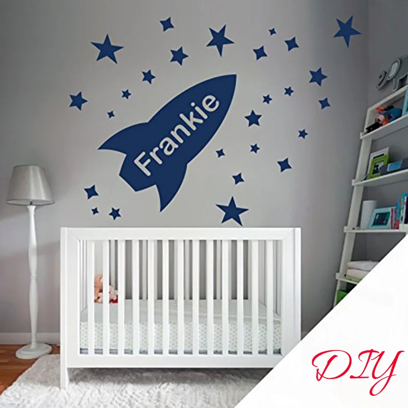 

Customized Name Nursery Wall Stickers Personalized Rocket Spacecraft Outer Space Art DIY Vinyl Wall Sticker Kids Bedroom L204