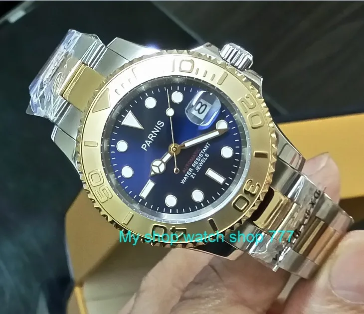 

Мужские часы с синим циферблатом 41 мм PARNIS, 21 драгоценность, автоматическое самокручивающееся движение, двухстороннее вращение, безель с сап...