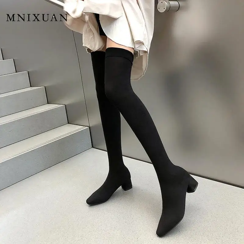 Женские сапоги на высоком каблуке MNIXUAN новинка 2019 вязаные черные длинные выше