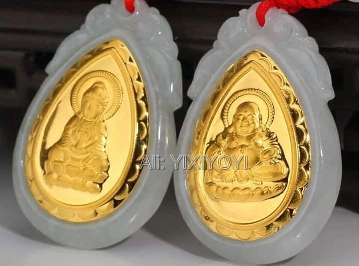 

Natural Grade A Jadeite Jade + 18K Solid Gold Chinese Dropping GuanYin Buddha Amulet Pendant + Free Necklace Jewelry Certificate