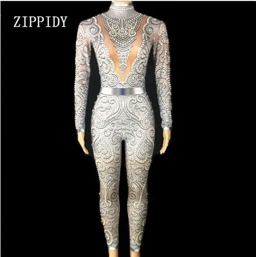 Sparkly Silver Rhinestones Jumpsuits long Sleeves Stretch Sexy Bodysuit Stage party Performance Celebrate Nightlcub outfit