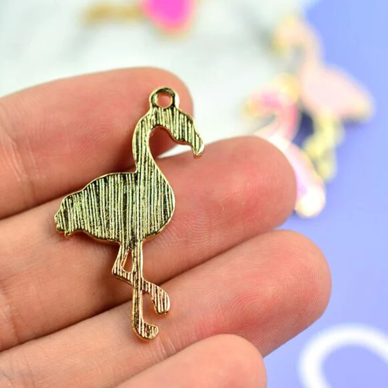 10 шт. фламинго Розовая эмаль подвески капли масло ювелирное изделие золотой цвет