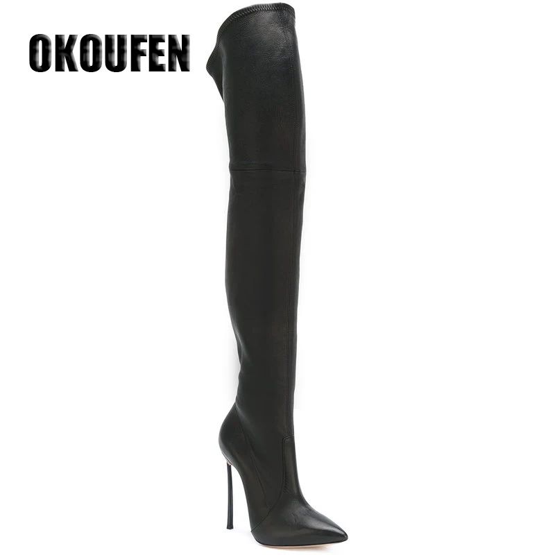 Женские замшевые сапоги выше колена черные длинные из искусственной кожи с