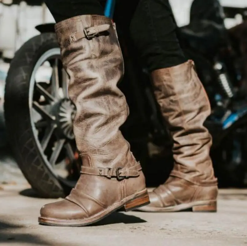 Женские сапоги до колена chaussure массивный низкий каблук Женская обувь с ремешками