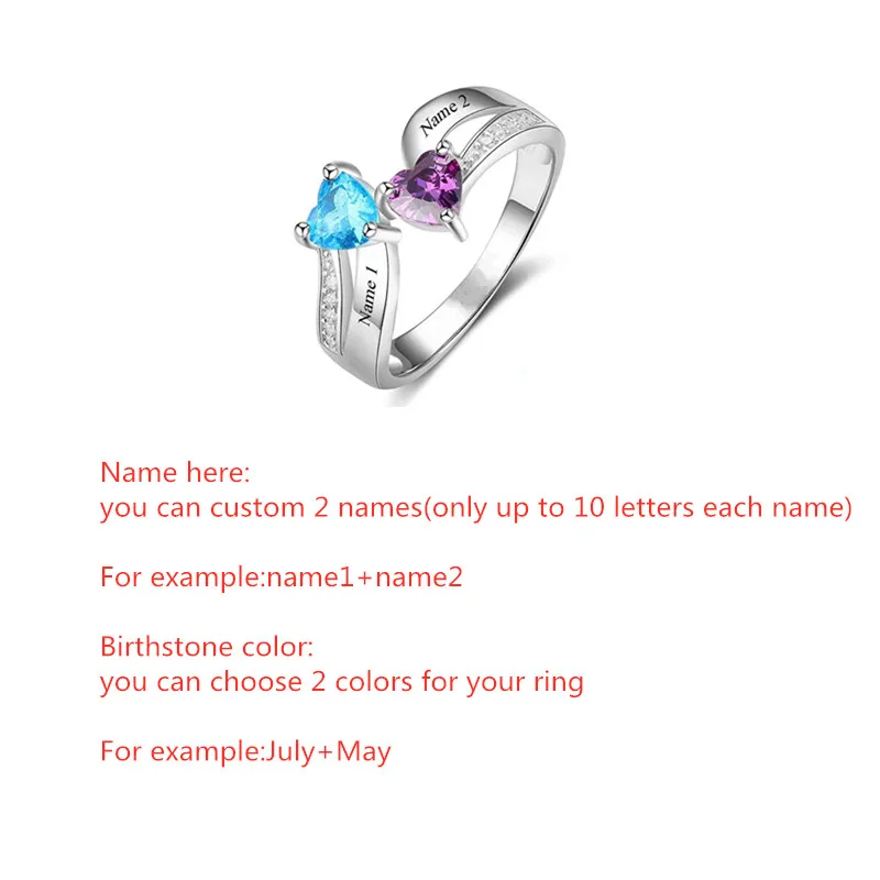 

Personalized 2 Name Engraved Rings Customized Heart Two Birthstone Rings For Women Birthday Couple Love Engagement Jewelry Gifts