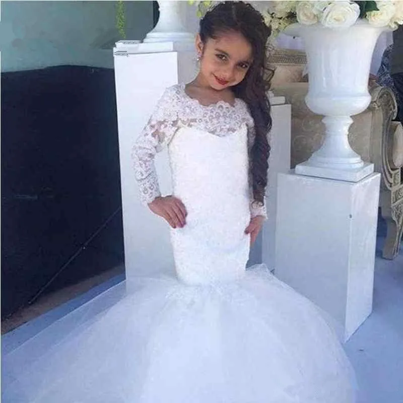 2021 White Ivory Lace Long Sleeve Mermaid Flower Girl Dresses For Weddings Jewel Modest Garden Country Gown Communion Dress | Свадьбы и