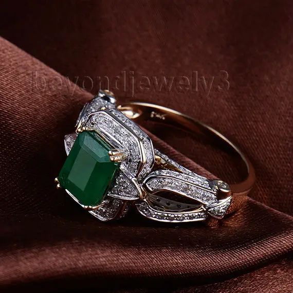 Женское кольцо с изумрудом винтажное обручальное из желтого золота 14 карат 7x9