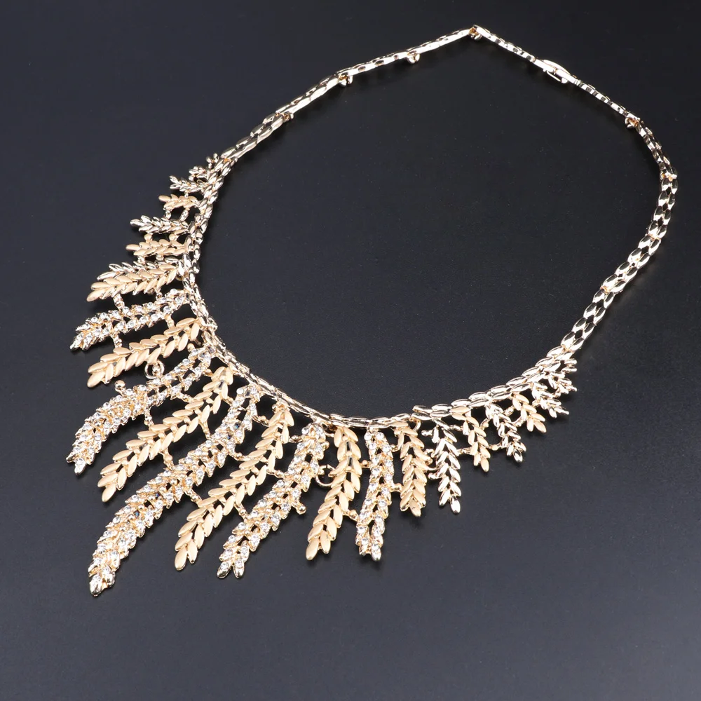 OEOEOS Dubai Jewelry Sets For Ladies African Beads Set Gold Color Wedding Women Leaves Necklace Earrings Bracelet Ring | Украшения и