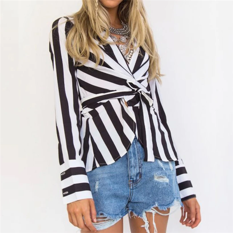 Для женщин в полоску с длинными рукавами camisetas mujer verano 2018 поясом Сексуальная V шеи