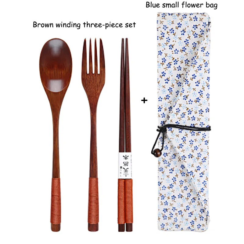 Brown Blue flower Baispo портативная посуда, деревянные столовые приборы, наборы с удобной ложкой, вилкой, палочками для еды, подарок для путешествий, столовая посуда, костюм с тканевой сумкой - Цвет: Brown Blue flower