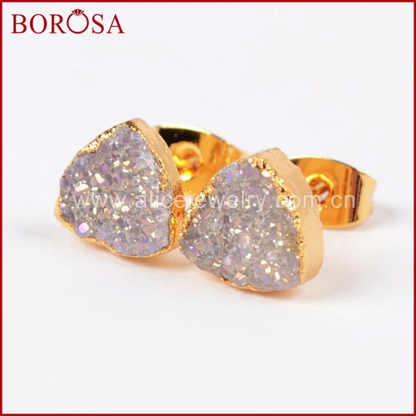 

BOROSA Drusy Geode Stone Earrings for Women 8mm Gold Color Triangle Natural Stone Titanium AB Druzy Stud Earrings G0681