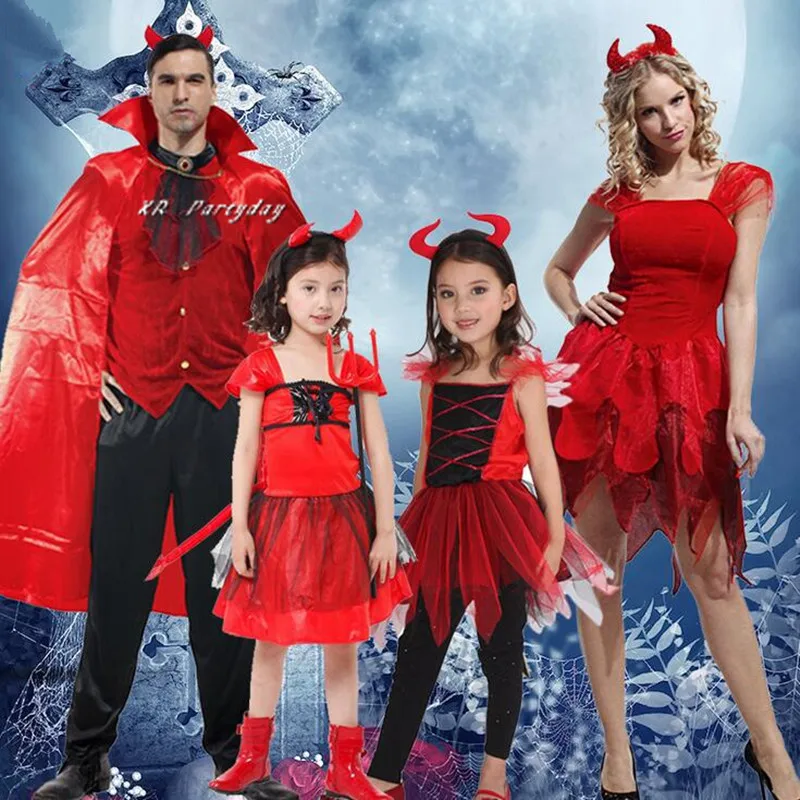 Men Women Girls Red Devil Cosplay Costume Dress For Adults Children Performance Props Halloween Party Supplies| |