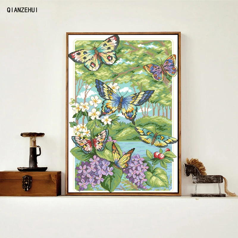 QIANZEHUI Needlework DIY Butterflies fly in the forest Cross stitch Sets For Embroidery kits Cross-Stitching Wall Home Decro | Дом и сад