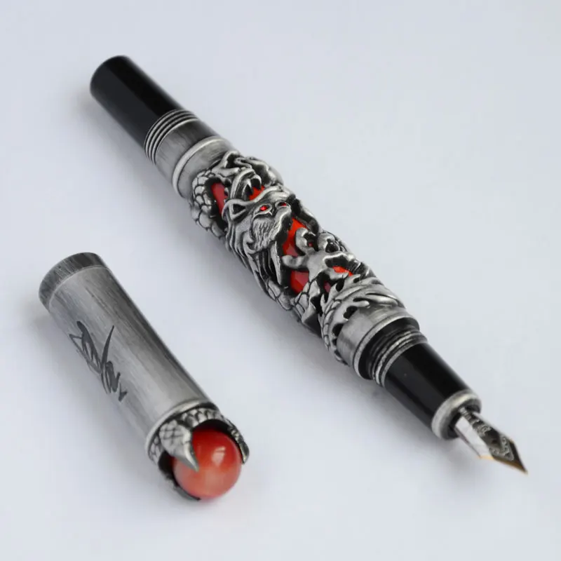 Перьевая ручка Jinhao DRAGON KING PLAY PEARL RED BARREL антикварный серебряный дракон тиснение прекрасный 18KGP перо 3 вида цветов для выбора офиса