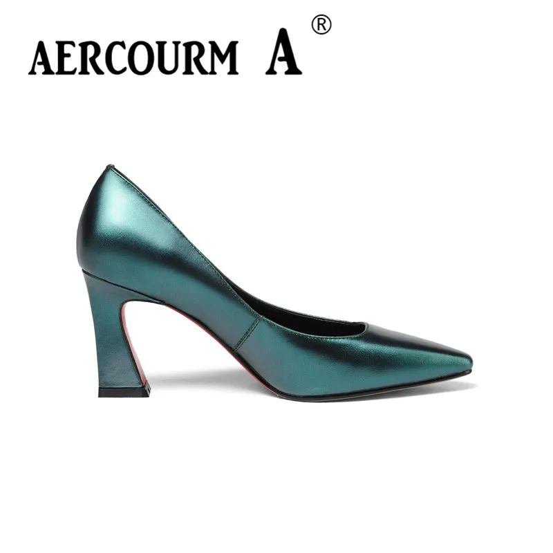Зеленый натуральной кожи Aercourm A г. Для женщин шелковой поверхностью обувь женская обувь из натуральной кожи туфли-лодочки на каблуке Весна квадратный каблук зеленый Брендовая обувь Z302