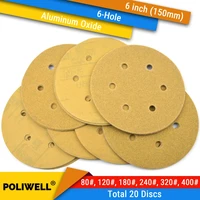 20pcs 6 inch 150mm 6 hole 80120180240320400 grit hook loop sanding discs for dry sanding round abrasive paper woodworking