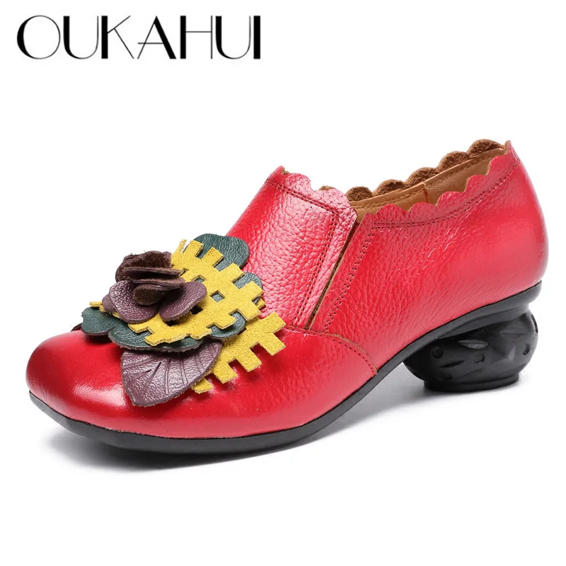 Женские туфли Лоферы oukahui винтажные из натуральной кожи на среднем каблуке с