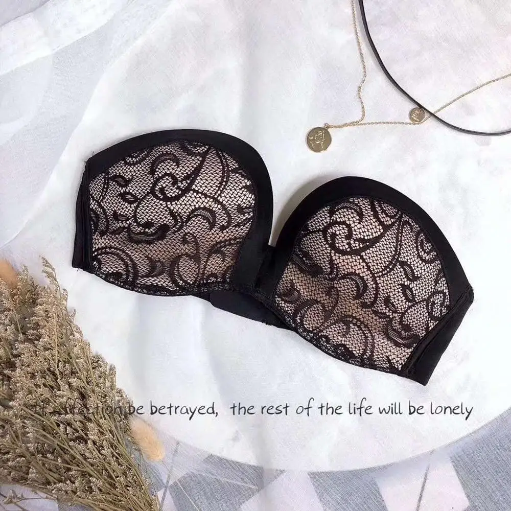 black lace Сексуальные кружевные невидимые бюстгальтеры для женщин, бюстгальтер без бретелек, пуш-ап, открытая спина, нижнее белье, 1/2 чашки, бюстгальтер без косточек, бесшовный бюстгальтер, женское нижнее белье - Цвет: black lace