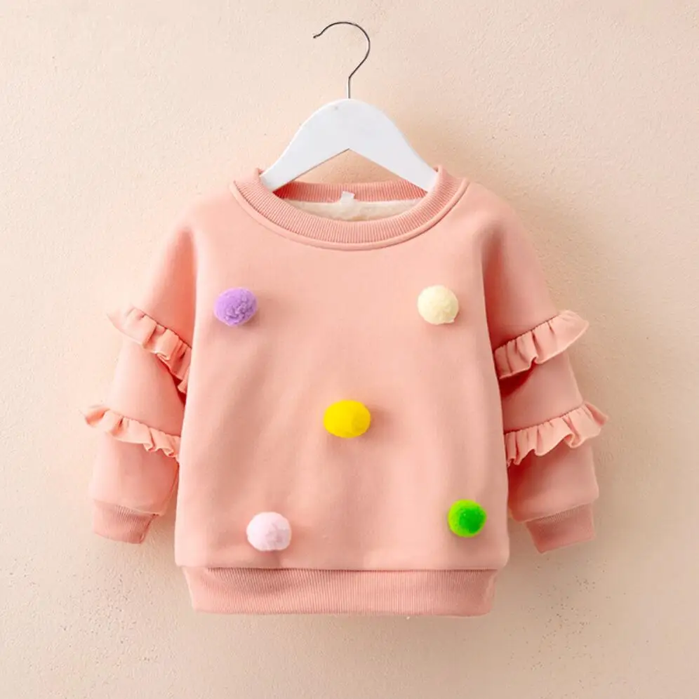 pink Брендовые Топы с капюшоном для маленьких девочек, одежда с помпонами, осенне-зимний свитер с длинными рукавами кашемировое пальто Одежда для детей, шерстяные пальто - Цвет: pink