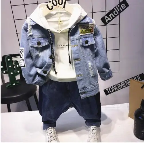 

2020 New Boys Jean jacket + hoodie + jeans 3Pcs Boys Sports Suit 2-6years boys setspring and autumn Boys Clothing Sets Kids