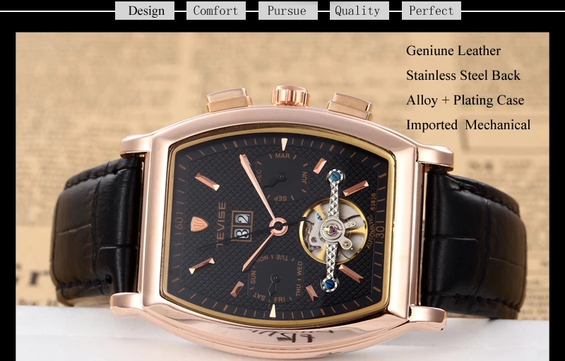 TEVISE Мужские автоматические часы Tonneau с циферблатом стимпанк Tourbillon часы Механические самовздувающиеся кожаные Наручные часы с календарем 8383B
