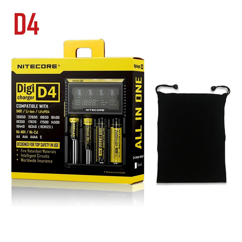 D4 with bag Фирменное зарядное устройство Nitecore D2 D4 Digi с ЖК-дисплеем, интеллектуальная схема Li-Ion для 26650 18650 18350 16340 14500 10440, автомобильное зарядное устройство - Цвет: D4 with bag