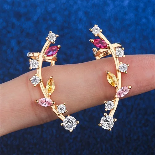 Multicolor Золотые ветви красочные AAA кубического циркония клип серьги Модные ювелирные изделия серьги для женщин Свадебная вечеринка подарок для женщин ювелирные изделия - Окраска металла: Multicolor