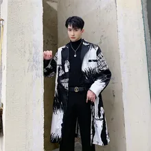 Male Streetwear Hip Hop Slim Casual Vintage Windbreaker Jacket Outerwear Men Print Long Trench Coat Cardigan