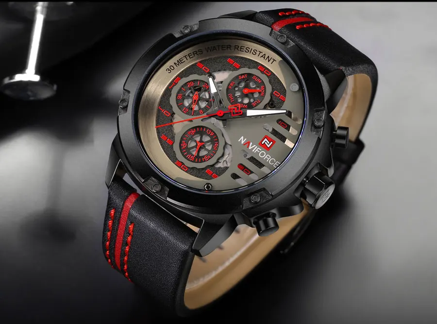 NAVIFORCE китайский бренд Мужские часы Роскошные Спортивные кварцевые часы Прямоугольные циферблаты 30 м водонепроницаемый Авто Дата красный кожаный ремешок