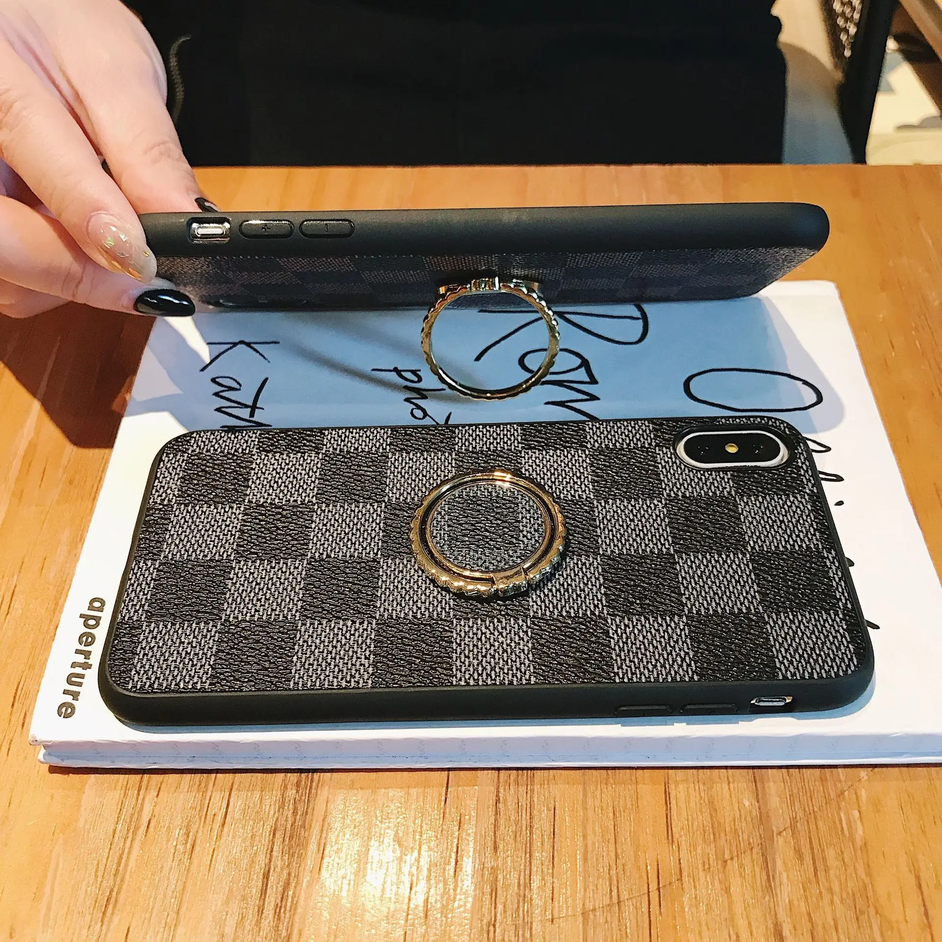 Fashion Leather square lattice ring bracket mobile phone shell for iphone XS MAX 7 8 Plus | Мобильные телефоны и