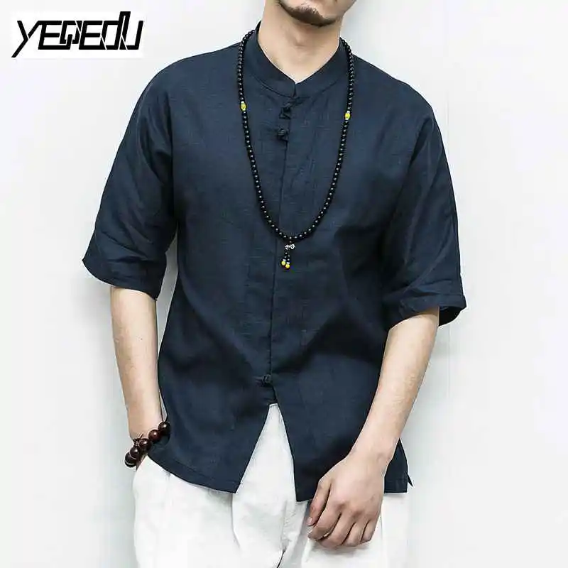 #2750 льняные рубашки мужские джемпер с воротником-стойкой Большие размеры Мужская