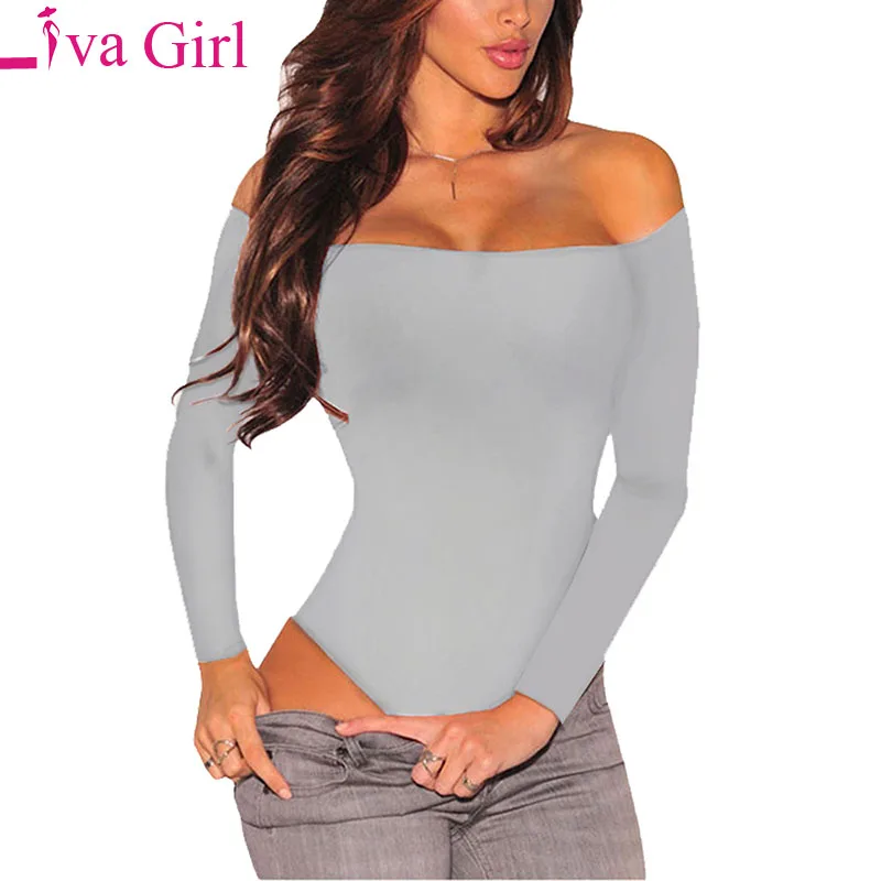 00107-Grey LIVA GIRL, сексуальный черный облегающий боди с длинным рукавом, женские комбинезоны с открытой спиной и открытыми плечами, белые боди с вырезом лодочкой, женские комбинезоны - Цвет: 00107-Grey
