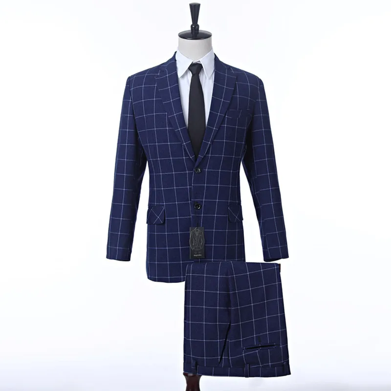 Синие Клетчатые формальные деловые мужские костюмы тонкие свадебные для мужчин