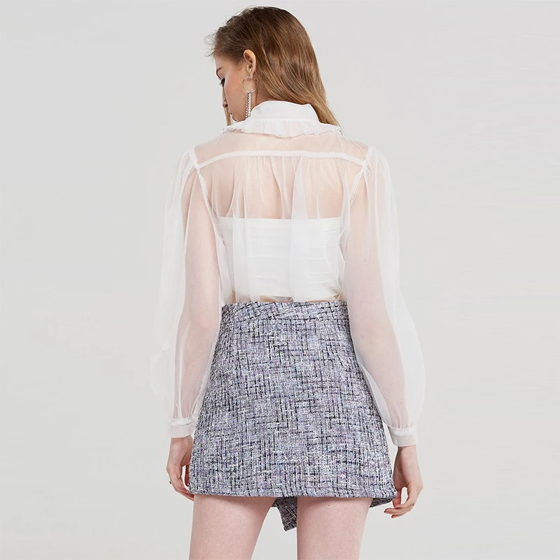 Zhizaolian Для женщин Повседневное одноцветное Белый See Through сетки блузка Chic свободные