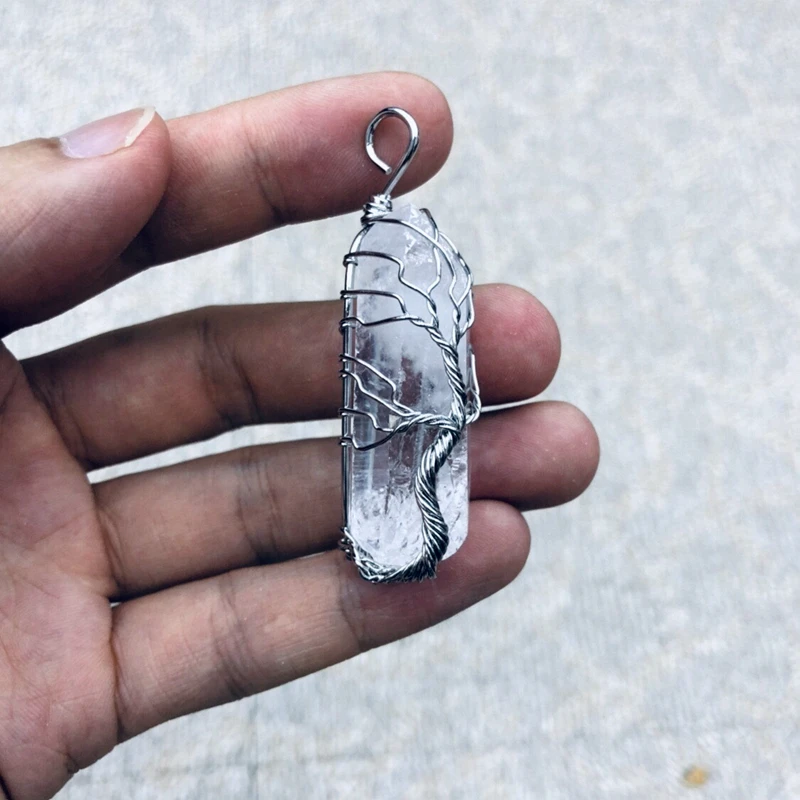 

Подвеска из натурального прозрачного кристалла кварца ожерелье в виде дерева жизни-кулон из медной проволоки, обернутый лечебной точкой, д...