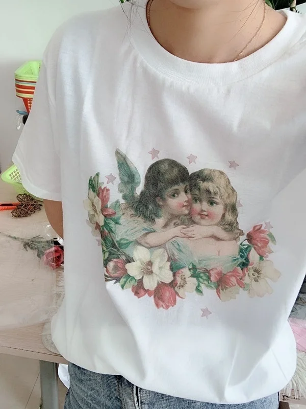 Starqueen JBH женская футболка в стиле ретро Cherubs Kissing симпатичная белая 90 х Ulzzang модный