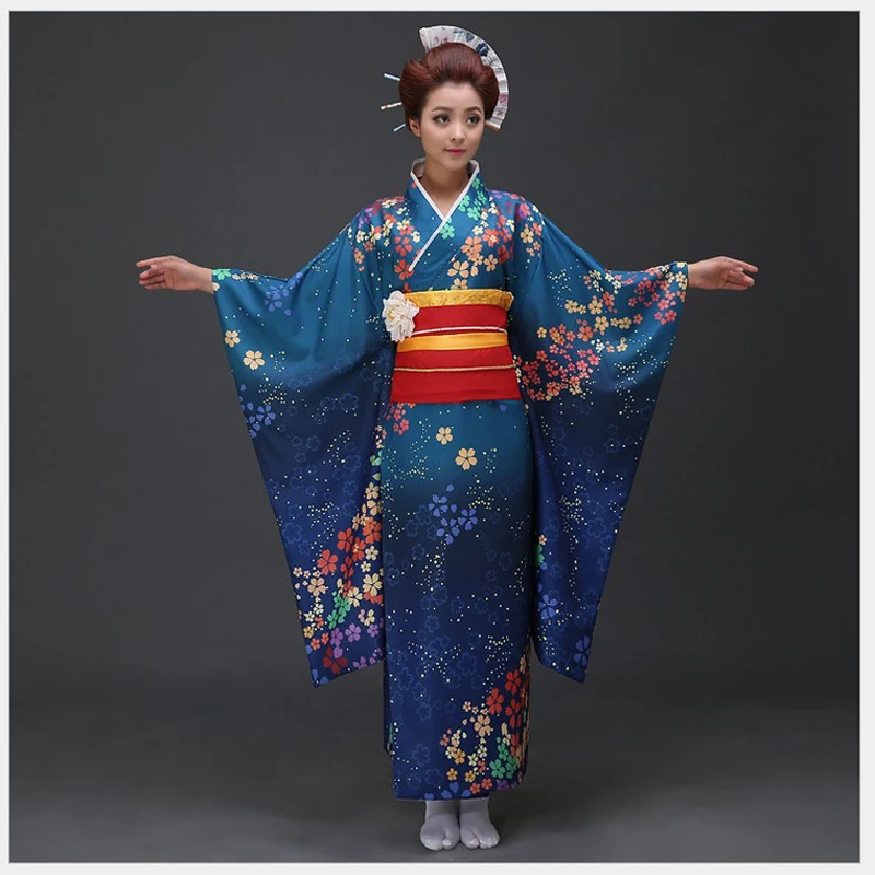 

High Fashion Purple Japanese National Women Kimono Traditional Yukata With Obi Vintage Evening Dress Flower One Size NK003