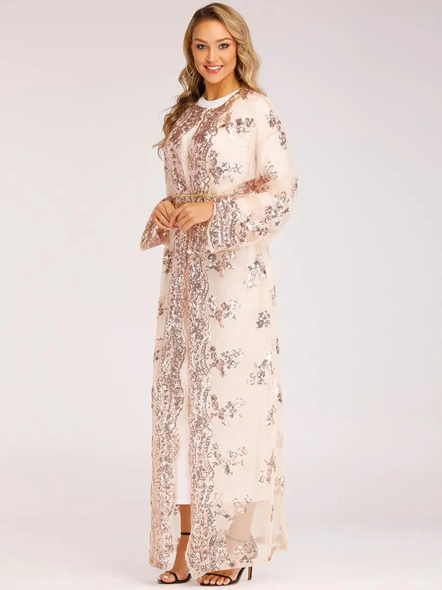 Роскошное кимоно с блестками для женщин abaya Дубай молитва открытый передний кафтан мусульманский с длинным рукавом Кардиган Платье Рамадан халат арабское