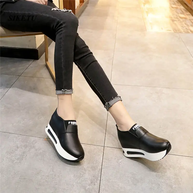 Женская обувь на плоской подошве толстой повседневная платформе кожаные тонкие
