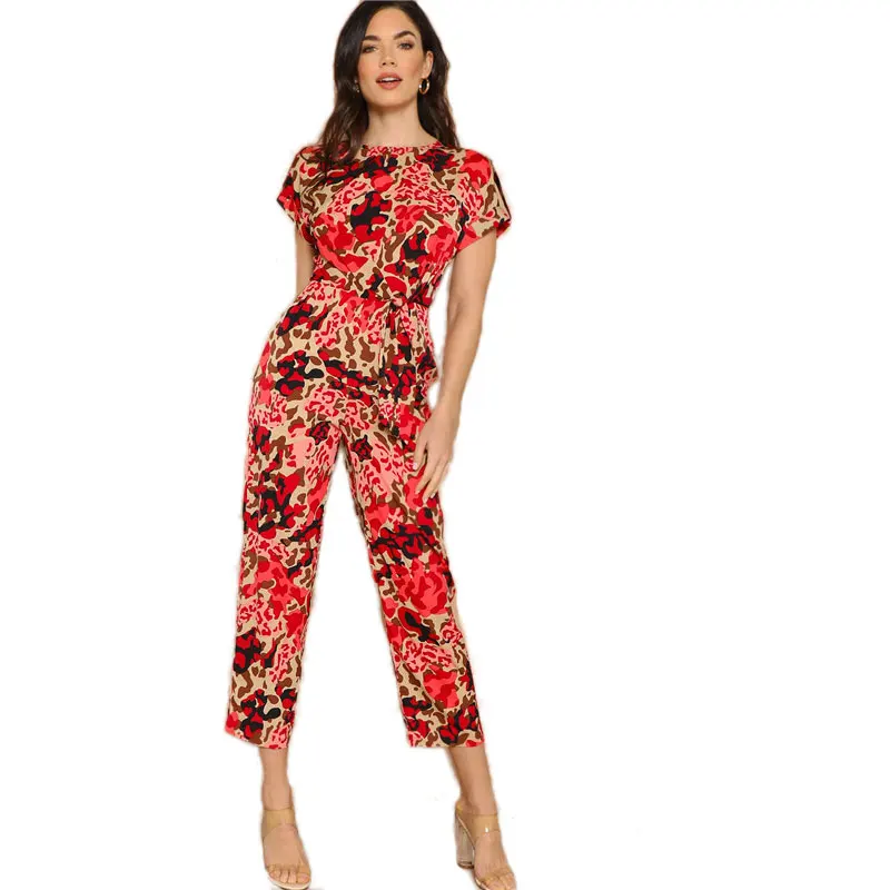 SHEIN Lady Highstreet комбинезон с закатанным рукавом и узлом спереди с леопардовым принтом женский летний повседневный комбинезон с высокой талией