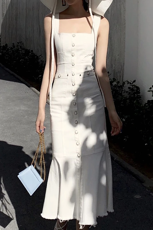 

White Denim Bodycon Dress Spaghetti Strap Single-breasted Button Mermaid Trumpet Jeans Dresses