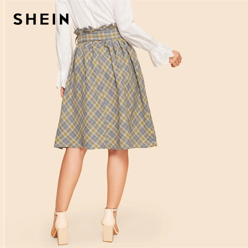 SHEIN Расклешенная Юбка В Клетку В Винтажном Стиле, Офисная Юбка С Поясом, Стильная Клетчатая Юбка