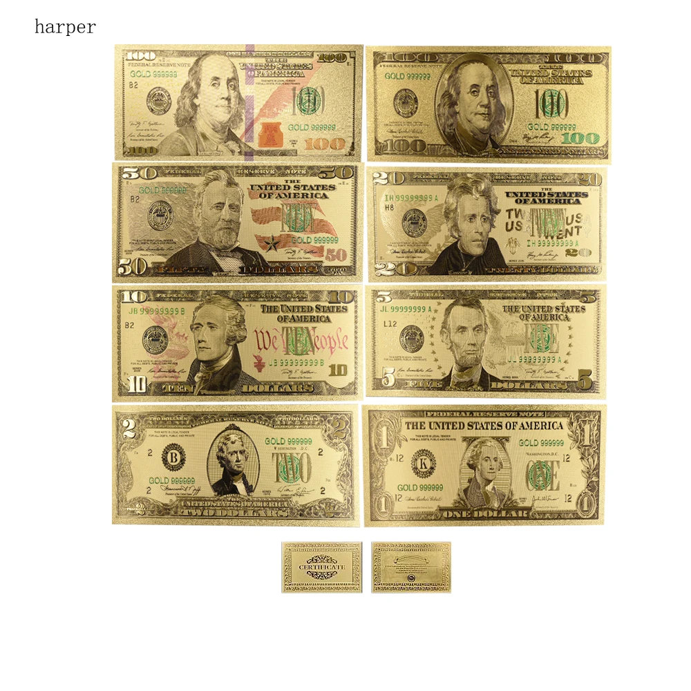 

New Best Price for Full Set 8pcs USA $1-100 Dollar Gold Banknote Colorful World Money for Souvenirs, Golden Bank Notes Drop Ship