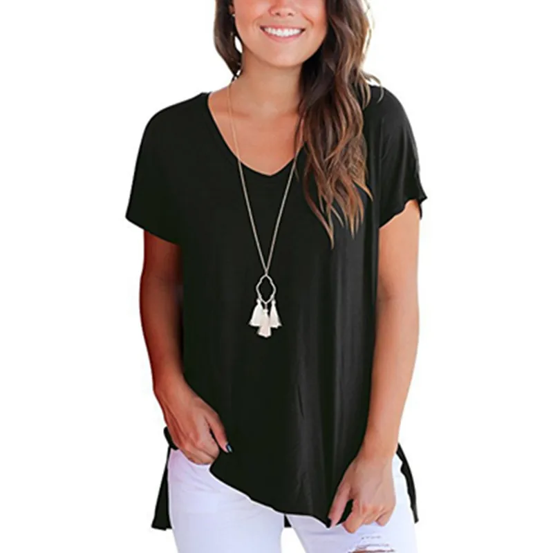 2019 Summer Tops for Women Solid Short Sleeve T Shirt Casual V Neck Fashion Side Split Loose Femme Tee | Женская одежда