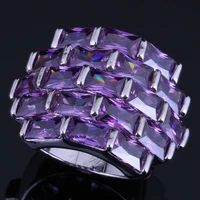 superior big rectangle purple cubic zirconia silver plated ring v0540