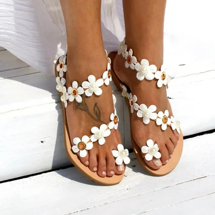 White Flower Decor Women Slides String Bead Flip Flops Flats Sandals Shoes Lady Summer Casual Beach Ankle Strap | Обувь