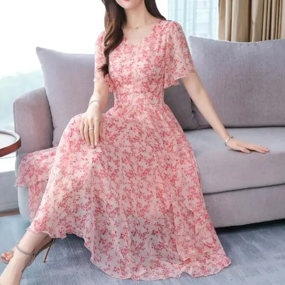 Женский с цветочным принтом длинное шифоновое платье Для женщин расклешенными