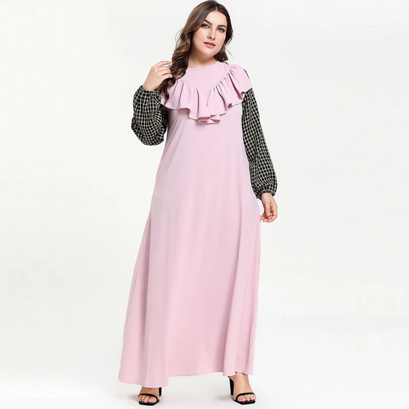 Женское мусульманское платье с оборками розовое Черное длинное макси в клетку