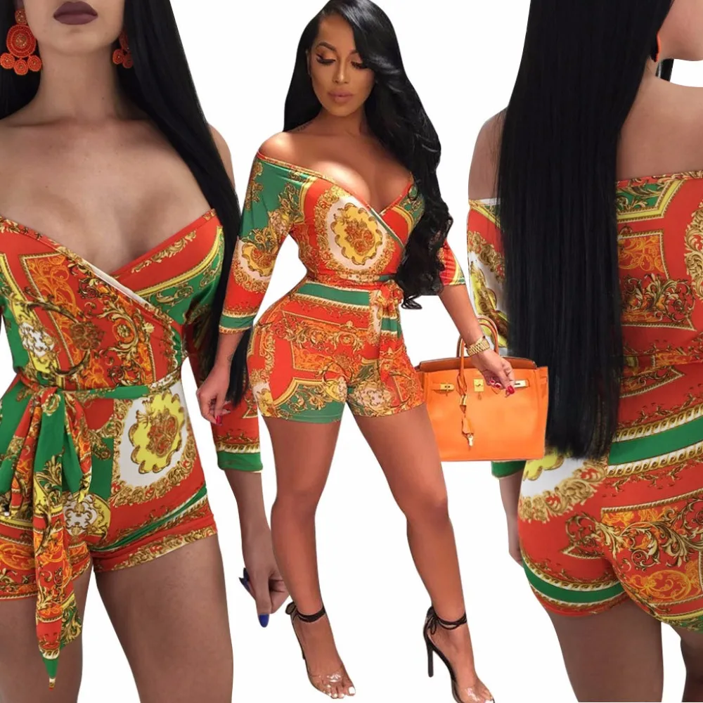 Для женщин короткие комбинезоны Цветочный принт Bodycon комбинезон клуб вечерние отпуск короткий рукав комбинезон Sexy v-образным вырезом бинты Комбинезоны